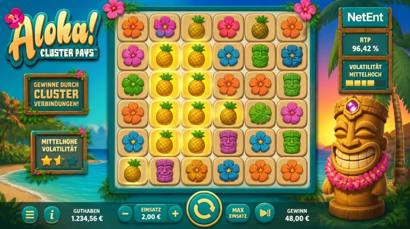 Spielautomat mit tropischen Symbolen, Cluster Pay Mechanik und RTP Anzeige
