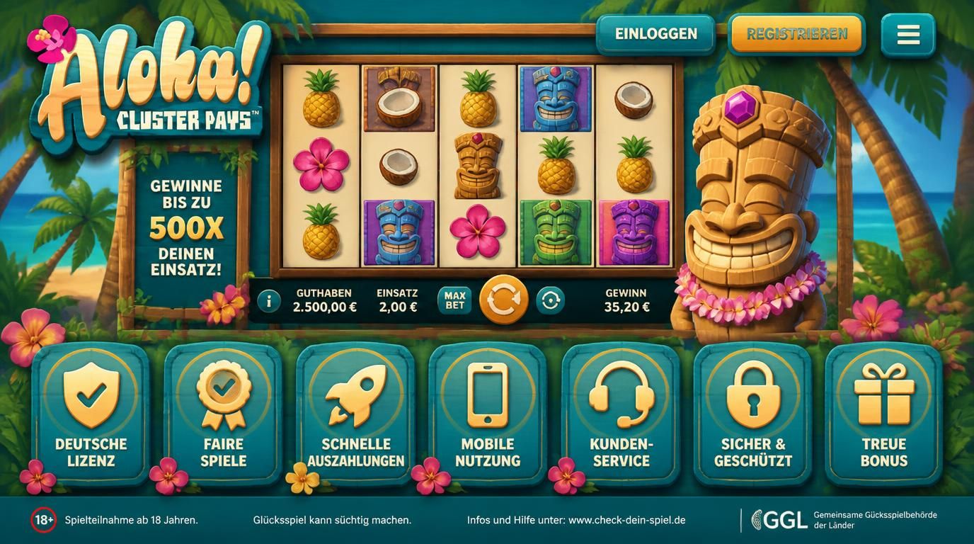 Sieben Kriterien mit Icons, Slot im Hintergrund und tropischem Stil