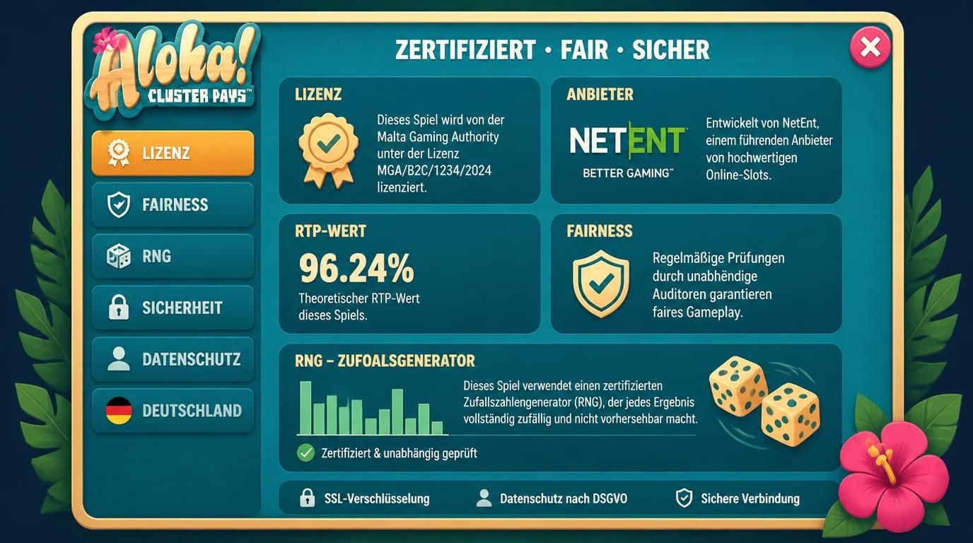 Sicherheitssiegel, RTP Angabe, Fairness Symbole und Lizenzdisplay